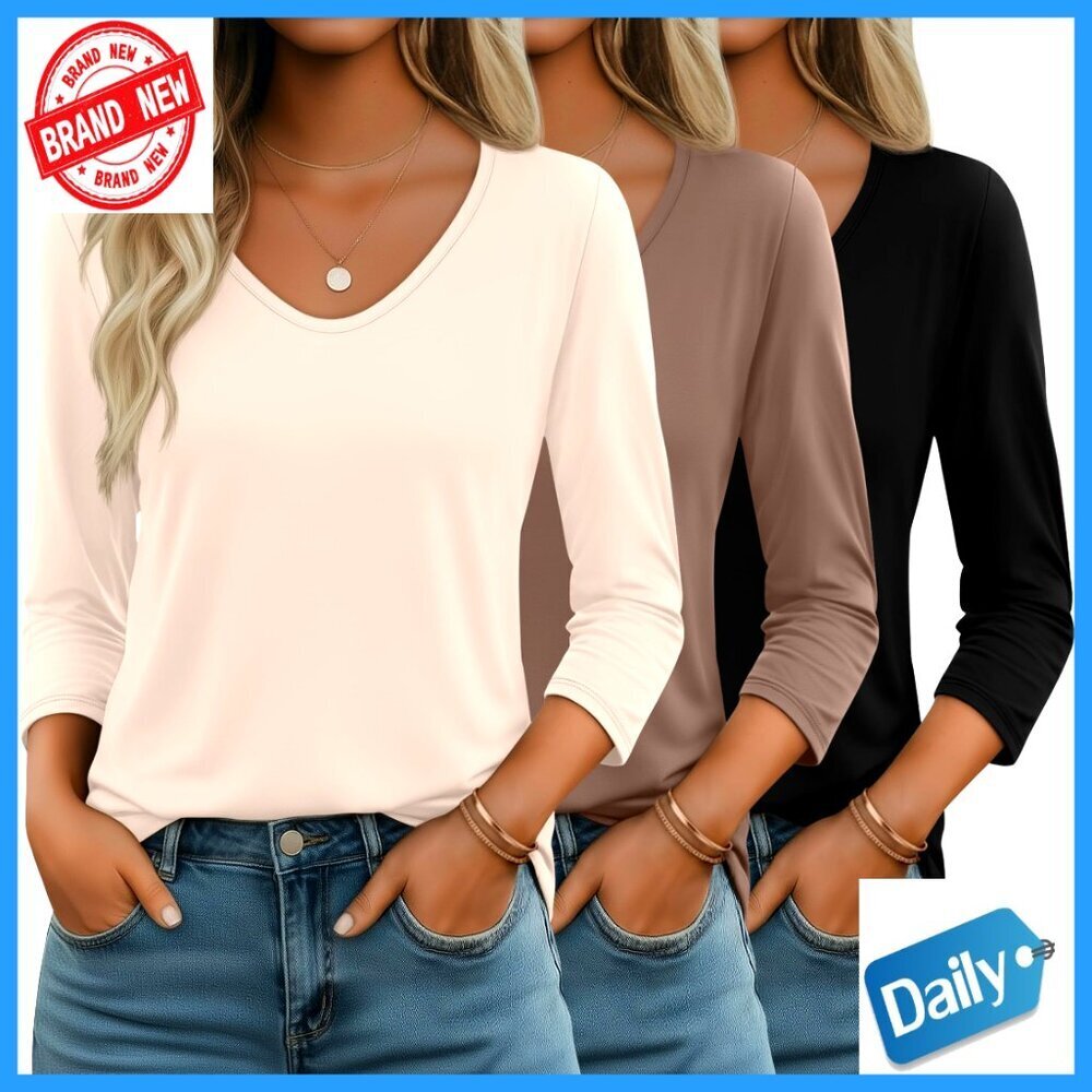Women's 3/4 Sleeve V-Neck Tunic Tees, Loose Fit Soft Blouse Tops